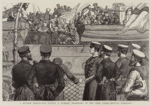 Ein britisches Kriegsschiff passiert einen russischen Transport im Suezkanal, gegenseitige Neugier von Joseph Finnemore